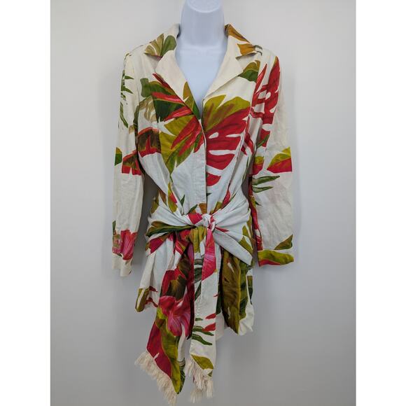 Tropical Print Tie Front Jacket Blouse Multicolor Size M Resortwear Boho Chic - Picture 1 of 4